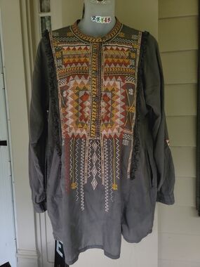 BIYA Johnny Was Embroidered Fringe Trim Button Front Blouse Top Tunic Boho Chic